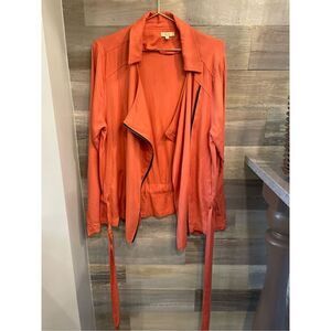 Kori America L deep peach Moto zip front blazer w/tie waist and side pockets
